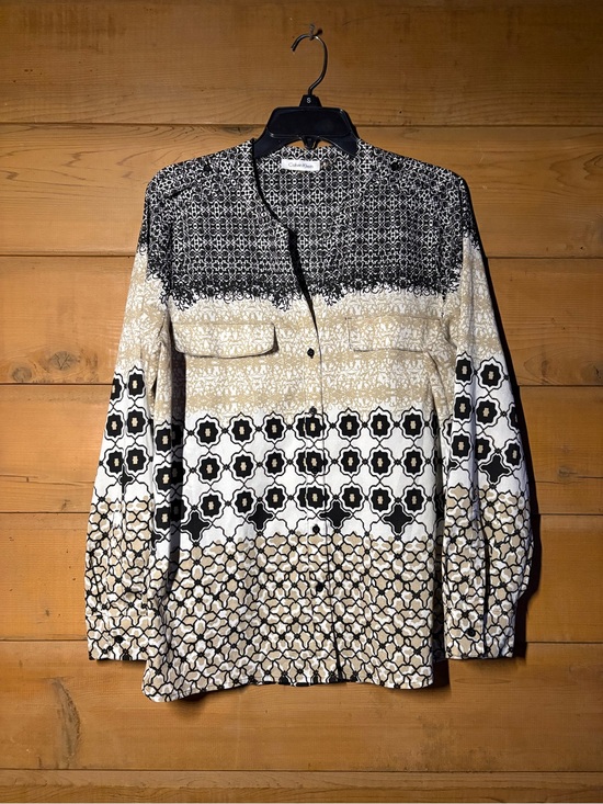 Calvin Klein Tops - Calvin Klein Black Tan & White Geometric Pattern Button Down Top- Size Large